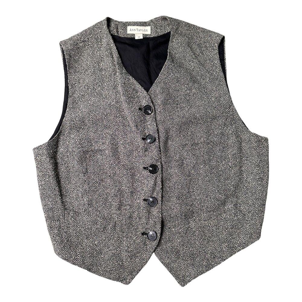 Vintage 90s Ann Taylor Herringbone Tweed Vest Lined Made USA Size 10